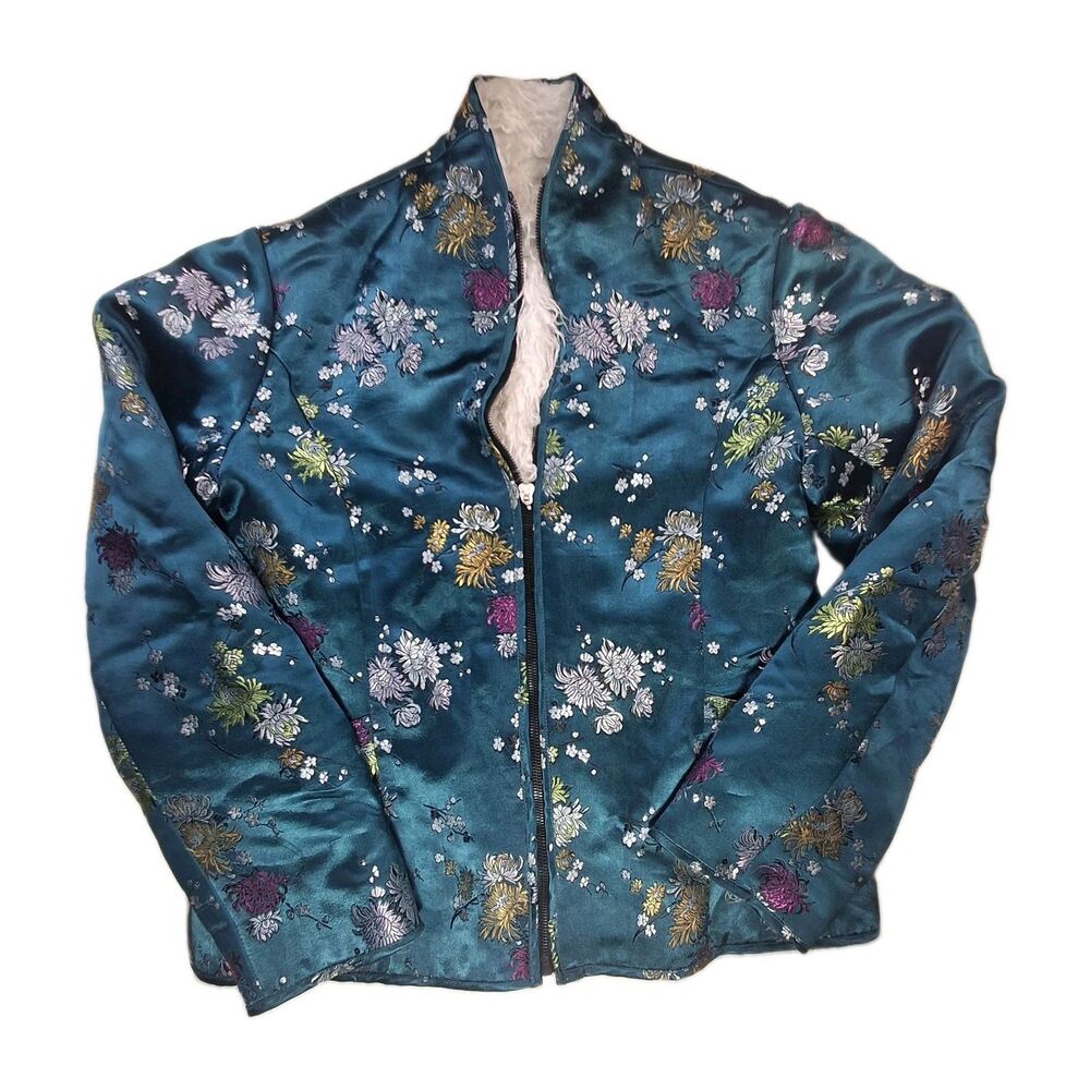 Chinese Satin Jacket Turquoise Floral Sz S/M Full Zip Faux Fur Lined Pockets